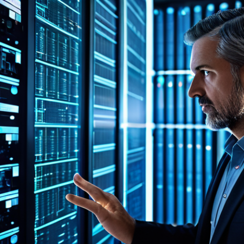Home 17 A focused male IT professional in his 40s, wearing a modest, dark professional blazer and shirt, looking intently at a complex network diagram displayed on a large, interactive screen. The background is a clean, modern data center with glowing server racks, suggesting a blend of current and legacy infrastructure. Subtly scattered digital notes or holographic projections illustrate data flow challenges. Professional photography, cinematic lighting, ultra-detailed, high resolution, perfect anatomy, natural pose, well-formed hands, proper finger count, correct proportions. Safe for work, appropriate content, fully clothed, professional dress.