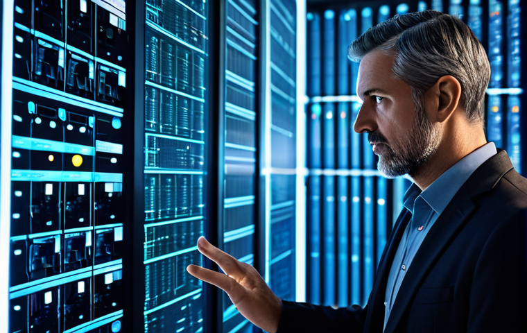 A focused male IT professional in his 40s, wearing a modest, dark professional blazer and shirt, looking intently at a complex network diagram displayed on a large, interactive screen. The background is a clean, modern data center with glowing server racks, suggesting a blend of current and legacy infrastructure. Subtly scattered digital notes or holographic projections illustrate data flow challenges. Professional photography, cinematic lighting, ultra-detailed, high resolution, perfect anatomy, natural pose, well-formed hands, proper finger count, correct proportions. Safe for work, appropriate content, fully clothed, professional dress.